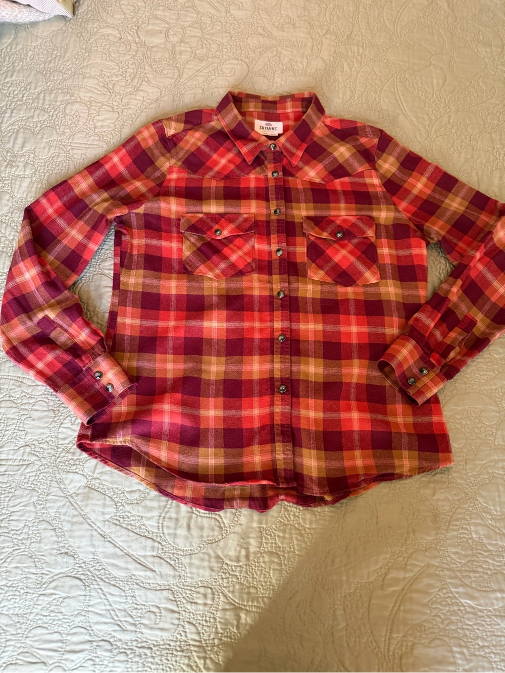 Shyanne Western Cowgirl Plaid Flannel Shirt Red Orange Pearl Snap Shirt Cotton L - Picture 6 of 11